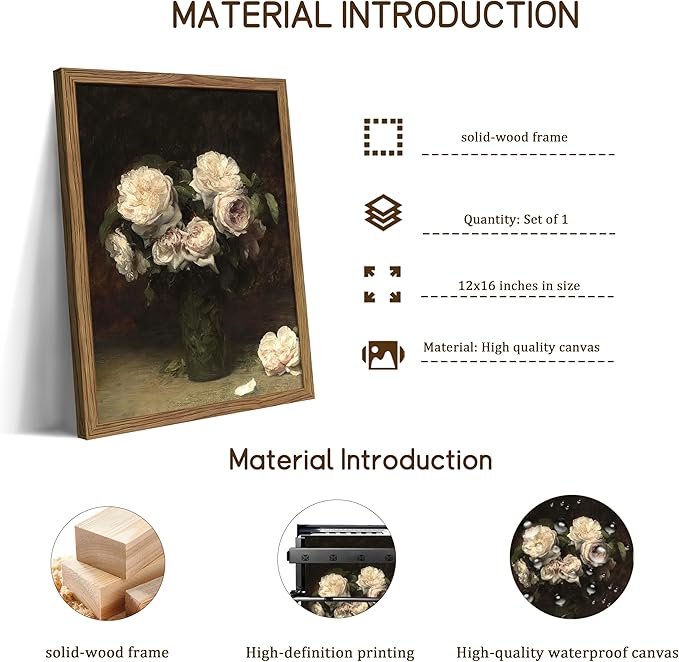 Vintage Floral Wall Art, Framed Moody Dark Roses Canvas Wall Art, Botanical Flowers Pictures Print, Retro White Roses Oil Painting Artwork Wall Decor for Bedroom Kitchen Bathroom – 12x16 inch