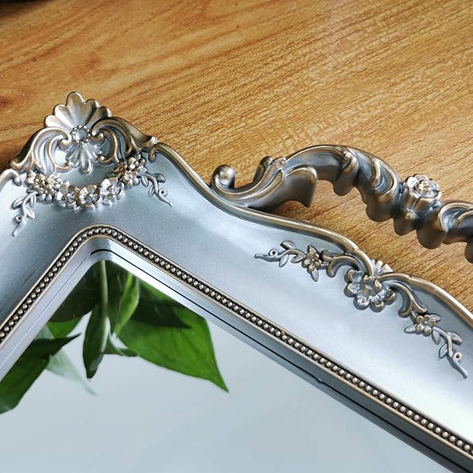 Rectangle Decorative Mirror Tray, French Style, Makeup Organizer, Jewelry Organizer, Serving Tray, 9.5"x 14.9", Golden Silver