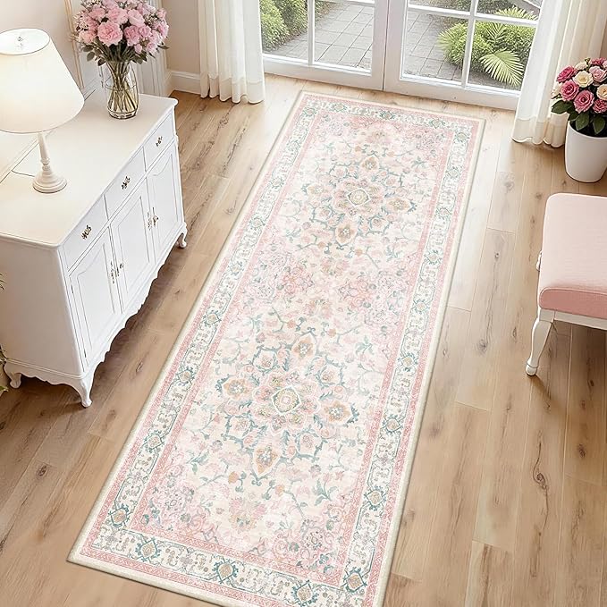 CAPALOCA Machine Washable Rugs Nursery Rug 2x6 Cute Girl Non Slip Low Pile Water Repellent Soft Print Pattern for Bedroom Indoor Decor Kids Playroom Pink Teal