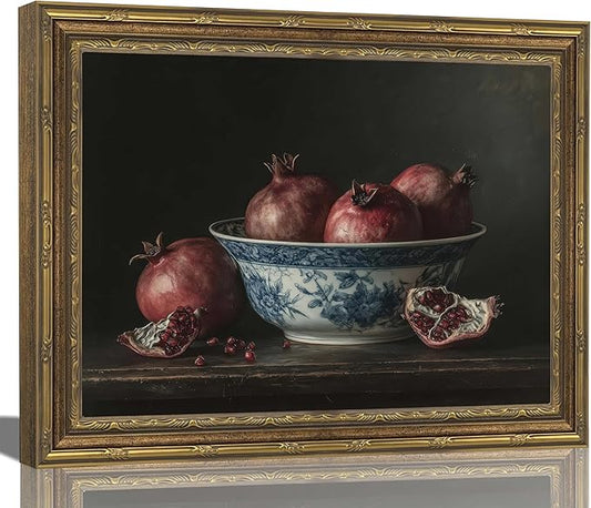 Gold Framed Wall Art Vintage Pomegranate Still Life Wall Art Fall Red Fruit Wall Decor Picture Rustic Farmhouse Autumn Kitchen Poster Print Country Cottage Gallery Aesthetics Decoration 12x16in