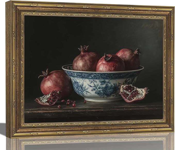 Gold Framed Wall Art Vintage Pomegranate Still Life Wall Art Fall Red Fruit Wall Decor Picture Rustic Farmhouse Autumn Kitchen Poster Print Country Cottage Gallery Aesthetics Decoration 9x11in