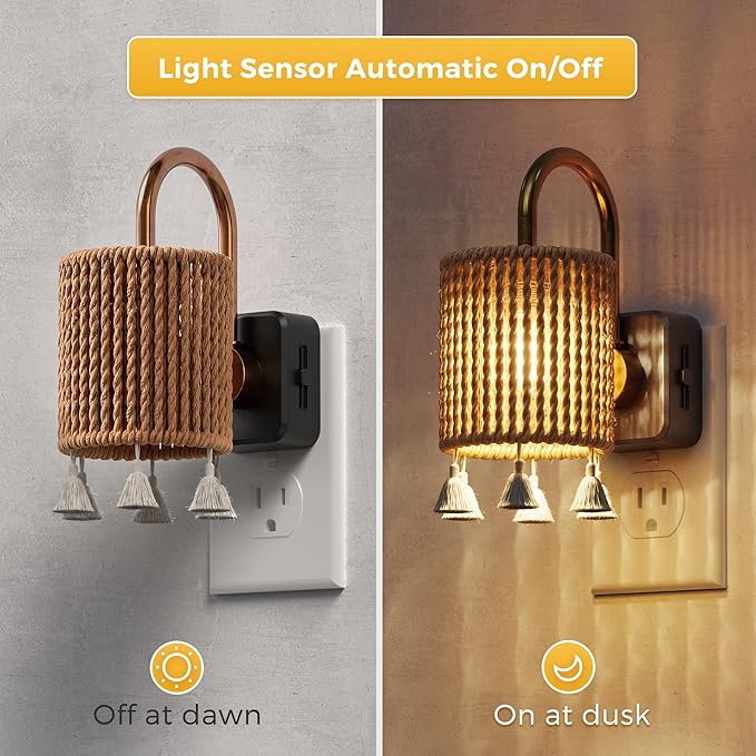 L LOHAS LED Night Lights Plug into Wall, 2 Pack Boho Fabric Cylinder Night Light with Tassel, Dusk to Dawn Sensor, 0-100LM Dimmable Night Lights, Vintage Nightlight for Bedroom, Living Room, Hallway