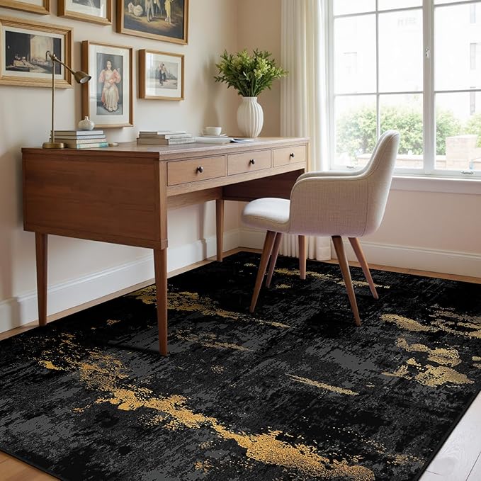 RELEANY Washable Area Rugs 4x5 Non-Slip Modern Abstract Soft for Living Room Entryway Bedroom Nursery, Print Pattern, Dark Black Gold