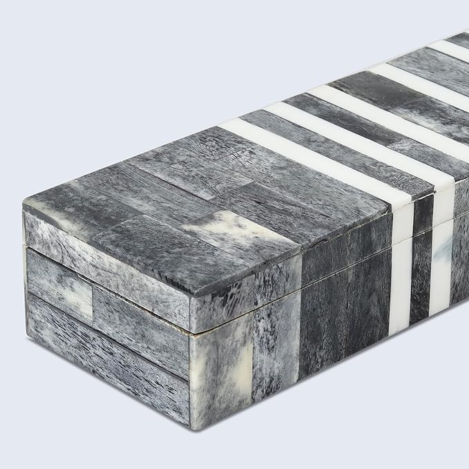 Handicrafts Home Decorative Storage Box with Lid, Patisserie Cafe Stripe Pattern Remote Holder Box, Slim Coffee Table Storage Organizer, Wooden Kitchen Counter Desk Shelf Box, Grey & White, 10x2.5x1.5