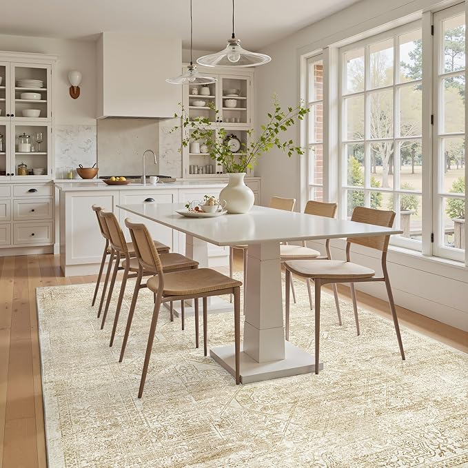 Soalmost 5x7 Area Rugs Beige Low Pile Indoor Washable Trendy Faded Style Floral Rugs for Bedroom Living Room Dining Room Foldable Non-Slip Thin Print Mat