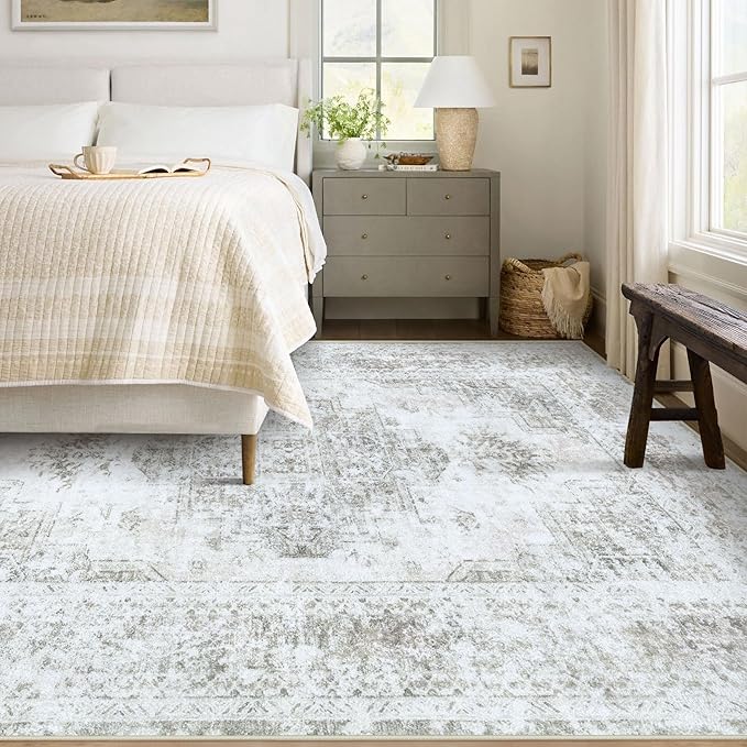 XLUEZ Area Rug 5x7 Living Room Rug, Machine Washable Vintage Distressed Medallion Rug Non-Slip Soft Low Pile Large Indoor Rugs for Bedroom Kitchen Dining Room Office(Taupe,5'x7')