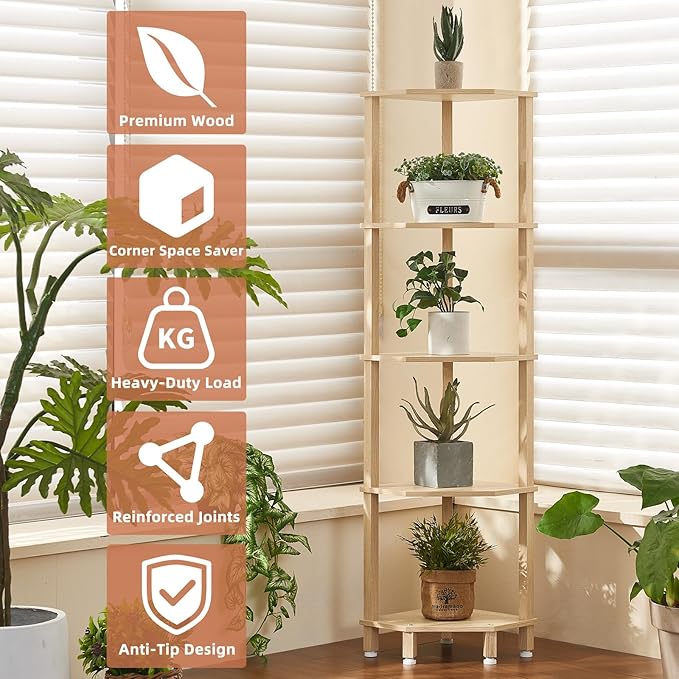 YUFAM 5-Tier Corner Shelf with Sturdy 5-Leg Base, 52in Tall Narrow Bookcase for Small Spaces, Wooden Plant Display Shelf, Thin Bookshelf for Living Room, Bedroom, Office, Natural