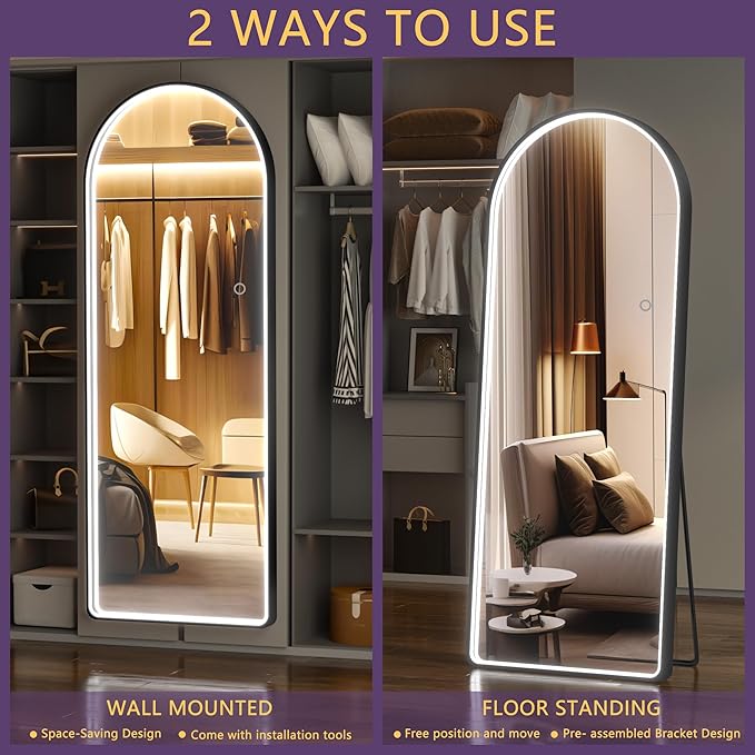 Hasipu Arched Full Length Mirror with Lights, 56" X 16" Lighted Full Body Mirror with Stand, Dimming 3 Colors & Brightness Adjustable, Bedroom Cloakroom Living Room, White Modern Arch Metal Frame