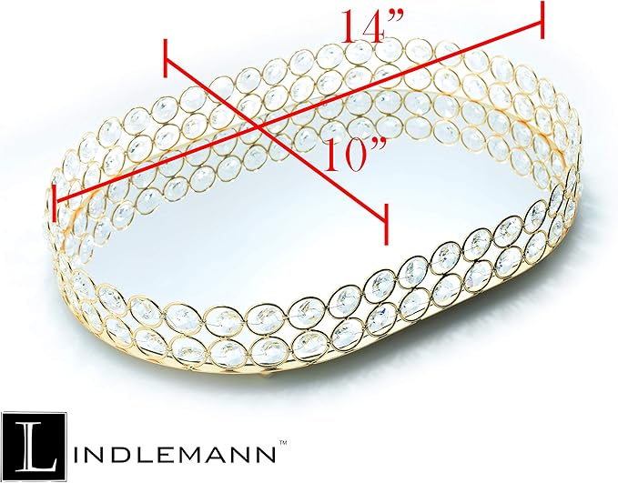 Crystal Vanity Tray Decorative Mirrored Dresser Perfume Trays for Makeup Cosmetic Storage Jewelry Trinket Storage Organizer for Bathroom Countertop Home Décor (Oval, 14x10in, Gold)