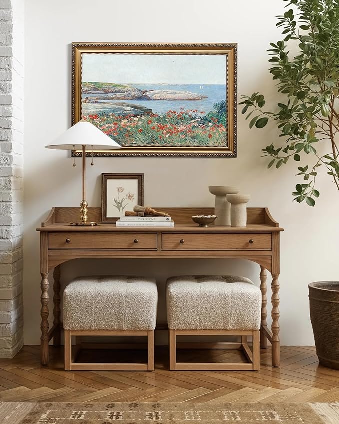 KBKBART Vintage Framed Wall Art for Living Room, Vintage French Coastal SeaScape Canvas Art Prints Farmhouse Decor, Country Wildflower Landscape Painting, Gold Framed Spring Flower Wall Art for Bathroom Bedroom Gallery, 16"x 24"
