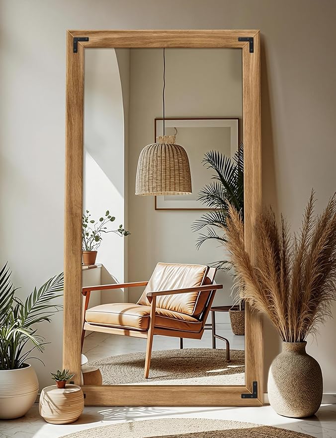TRAHOME Full Length Mirror with Wooden Frame, 55"X30" Solid Wood Standing Floor Mirror for Farmhouse, Bathroom, Bedroom Decor, Hanging or Leaning Wall-Mounted