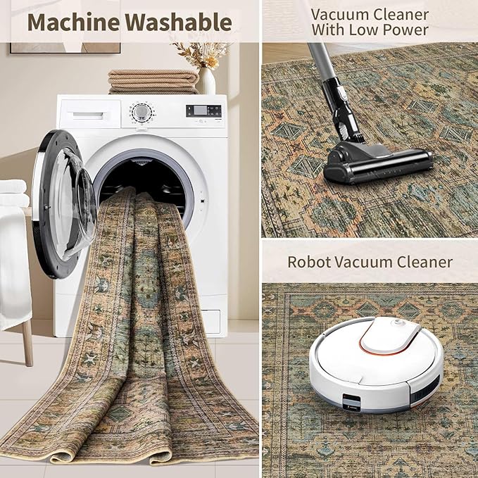 Rugxara 8x10 Area Rugs for Living Room Bedroom, Large Washable Rug, Brown Vintage Retro Boho Rug, Non Slip & Low Pile Faux Wool Thin Carpet for Indoor Dining Room and Kids Room(Brown 8x10ft)