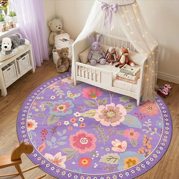 RELEANY Floral Nursery 4ft Area Rugs Washable Print Boho Cute Carpet Non Slip Flower Low Pile for Living Room Kids Girls Playroom Bedroom Kitchen Office Farmhouse-Purple/Pink/Multi