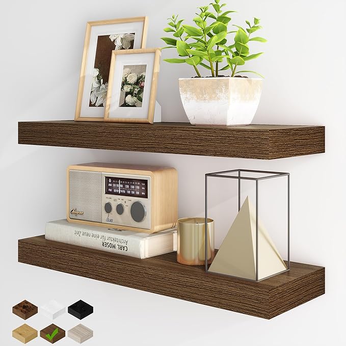 Fun Memories Floating Shelves for Wall, 24 Inch Floating Shelves Set of 2, Hanging Shelf with Invisible Brackets, Wood Shelves for Living Room, Bedroom, Kitchen, Walnut