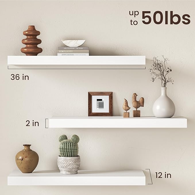 36Inch White Floating Shelves for Wall, 12 Inch Deep Shelves for Bedroom, Kitchen, Bathroom Wall Mounted, Rustic Wood Floating Shelf with Invisible Brackets for Books, Storage, Decor, 2 Packs