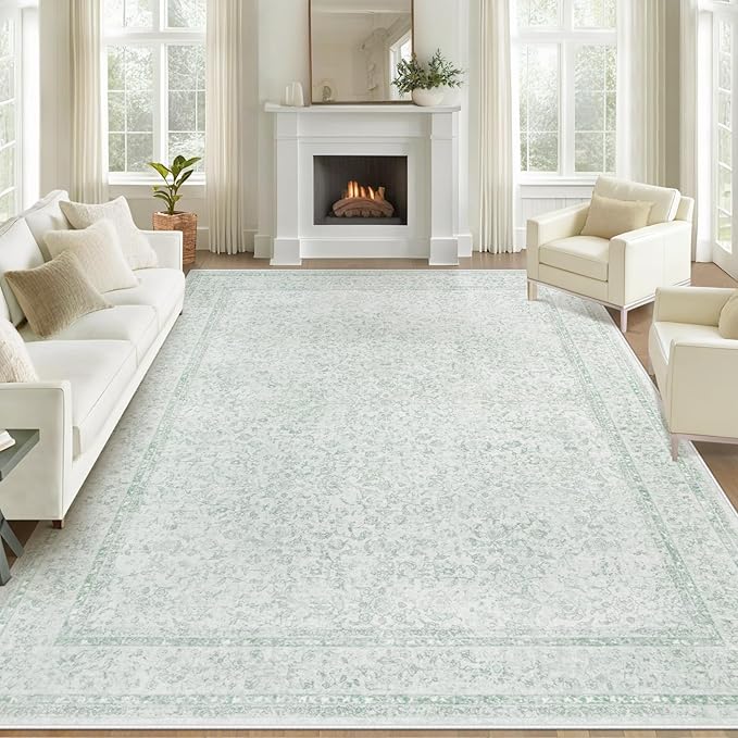 9x12 Area Rugs for Living Room: Washable Large Vintage Floral Rug Low Pile Non-Slip Boho Carpet for Bedroom Home Office Dining Room (Green, 9'x12')