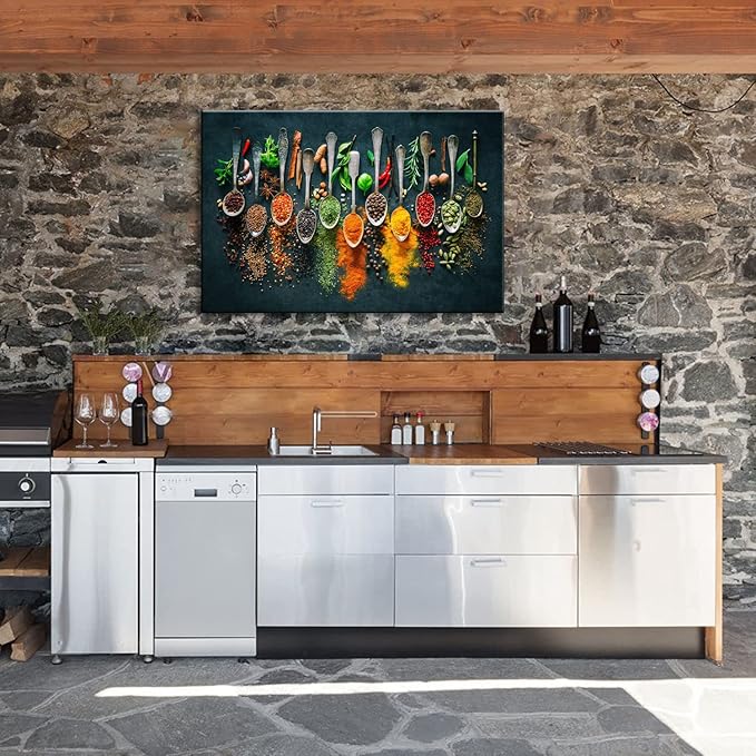 Framed Large Kitchen Wall art Pictures Decor Couful Spice in Spoon Vintage Canvas Wall Art Food Photos Painting On Canvas Home Decoration Gift Ready to Hang 24x36inch