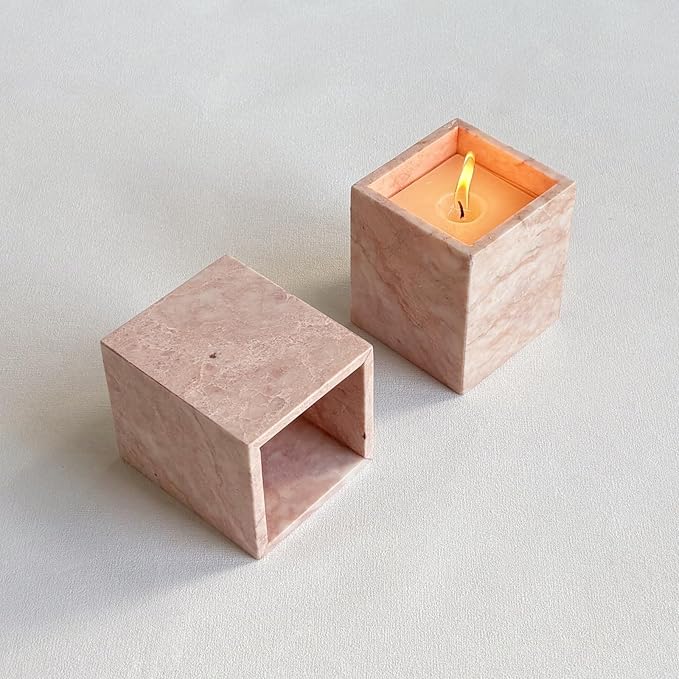 Natural Marble Stone Square Storage Container Empty Vessel Holder Cup for Candle/Pens/Sundries items (Cream Rose)