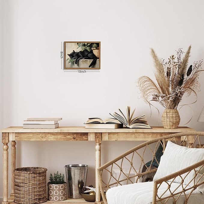 Framed Black Cat Wall Art, Vintage Sleeping Cat Picture Wall Decor, Cute Animal Poster Canvas Prints, Rustic Plant Paintings Artwork for Living room Bedroom Bathroom Decor – 8x10 inch