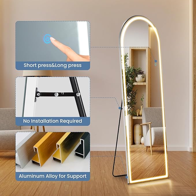 DUMOS Arched LED Mirror Full Length with Stand, 16"×60" Full Body Wall Mirror with LED Lights 3 Color Lighting, Hanging or Leaning, Floor Standing, Modern Simple Home Wall Decor
