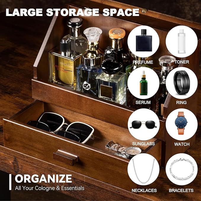 Miratino Cologne Organizer for Men - Dustproof Stand with Drawer, Wood Perfume Stand Organizer for Dresser, Large Capacity Cologne Holder Display, Great Gift for Men