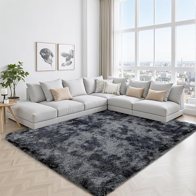 Area Rug for Living Room Bedroom: 4x6 Black Grey Soft Fluffy Shag Upgrade Non-Slip High Pile Carpet Large Fuzzy Plush Indoor Floor Decor Shaggy Rug for Kid Boys Girls Playroom Nursery Modern Home