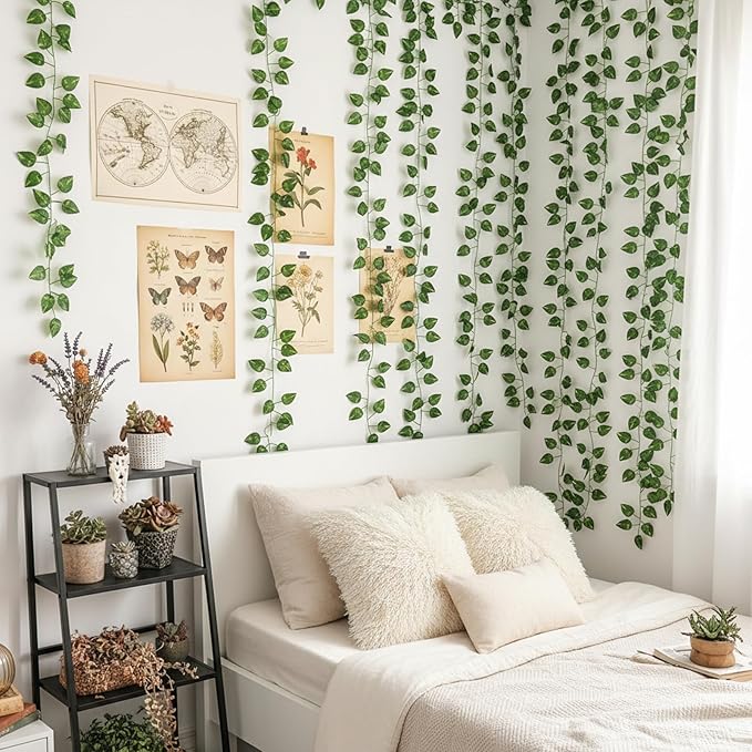 CEWOR 10 Pack Artificial Vines for Room Decor, Artificial Ivy Greenery Garland Fake Vines Hanging Plants Backdrop, Faux Green Leaves for Home Bedroom Wall Decoration