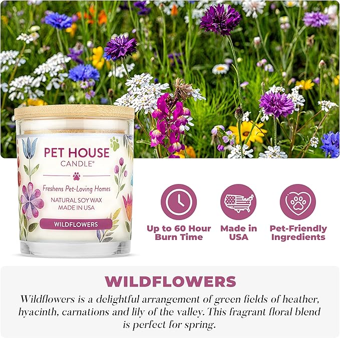 Pet House Candles, Plant-Based, Long Lasting, Clean Burning Scented Pet Odor Candles, 60 Hour Burn Time - Wildflowers, 9 oz, 2 Pack