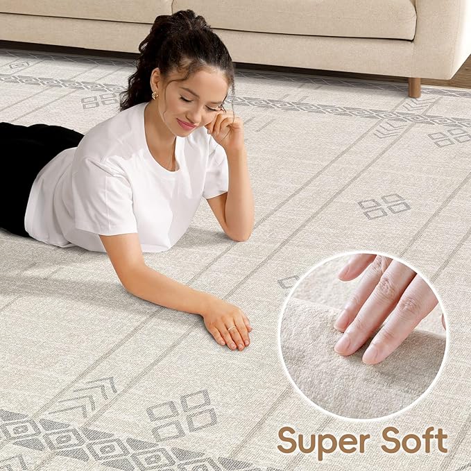 cotiled 6x9 Area Rug Living Room: Washable Boho Rugs with Non Slip Backing Large Soft Indoor Stain Resistant Carpet for Bedroom Farmhouse Dining Room Lightweight Home Decor Grey Beige