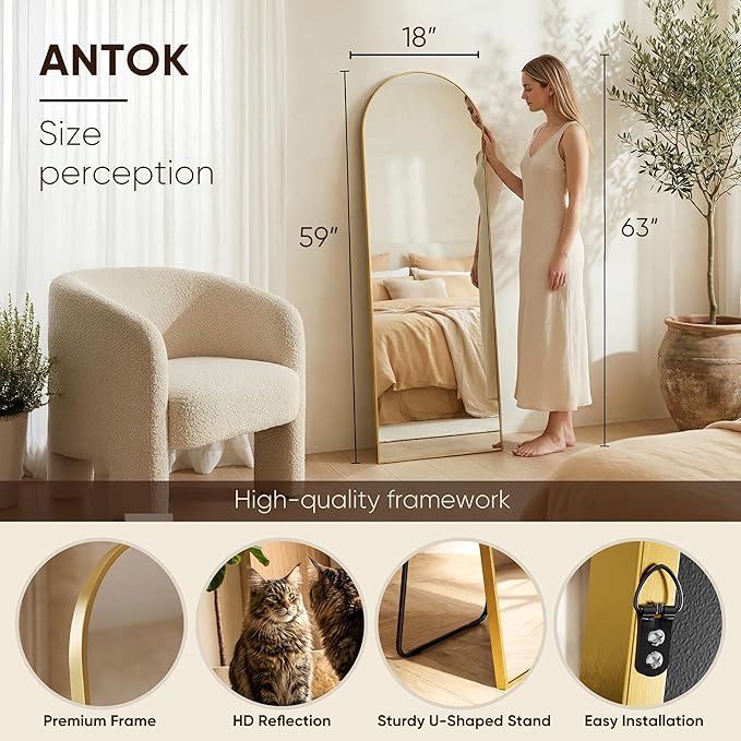 Antok 56" x15” Arched Full Length Floor Mirror, Gold Aluminum Frame, Free Standing/Wall Mount/Leaning for Bedroom, Living Room, Dressing Room