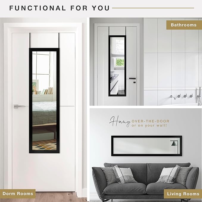 MCS 14.7x50.7 Black Over The Door Mirror, Full Length Hanging Mirror for Bedroom & Bathroom Doors, Lightweight Design with Patented No Tools Required Hanging System