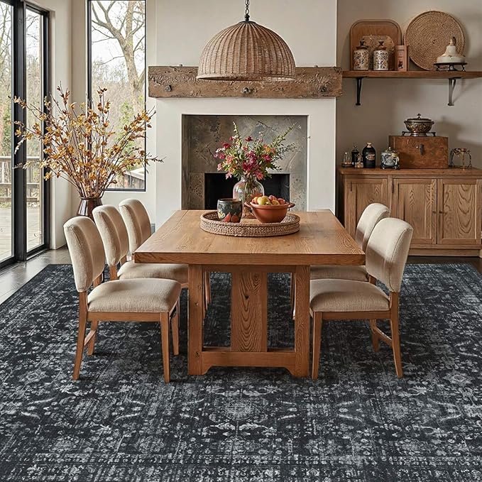 Rugxara 8x10 Area Rugs for Living Room Bedroom, Large Washable Rug, Black Vintage Floral Boho Rug, Non Slip & Low Pile Faux Wool Thin Carpet for Indoor Dining Room and Kids Room(Black 8x10ft)