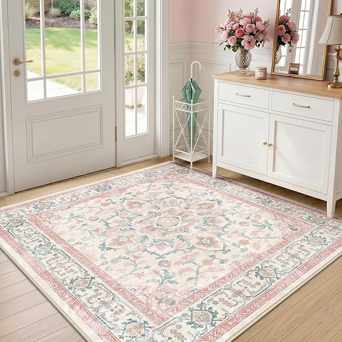 CAPALOCA Machine Washable Rugs Nursery Rug Sq4ft Cute Girl Non Slip Low Pile Water Repellent Soft Print Pattern for Bedroom Indoor Decor Kids Playroom Pink Teal