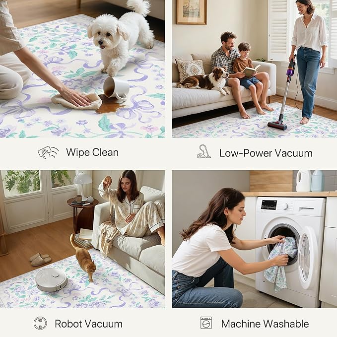 GENIMO 5X7 Washable Vintage Area Rugs for Living Room, Non-Slip Low Pile Chenille Print Rug, Soft Rugs for Bedroom Dining Room Home Office, Pastel Purple