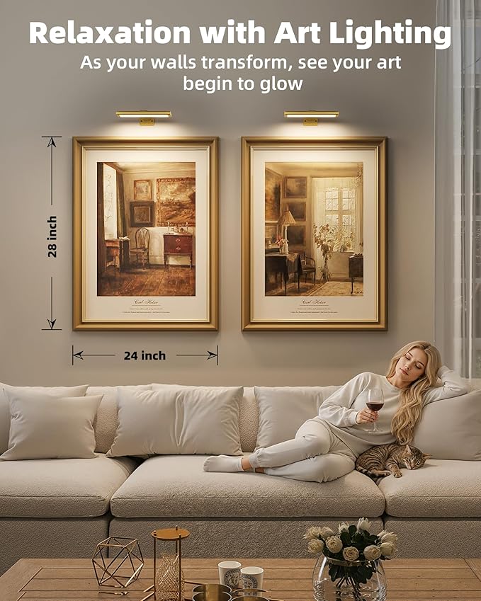 EZVALO Picture Light for Wall, Rechargeable 2400mAh Battery Lights Wireless with IR Remote, 3 Color & Dimmable Magnetic 7.87'' LED Lights Display for Painting, Living Room, Gallery, Bedroom(Gold-2P)
