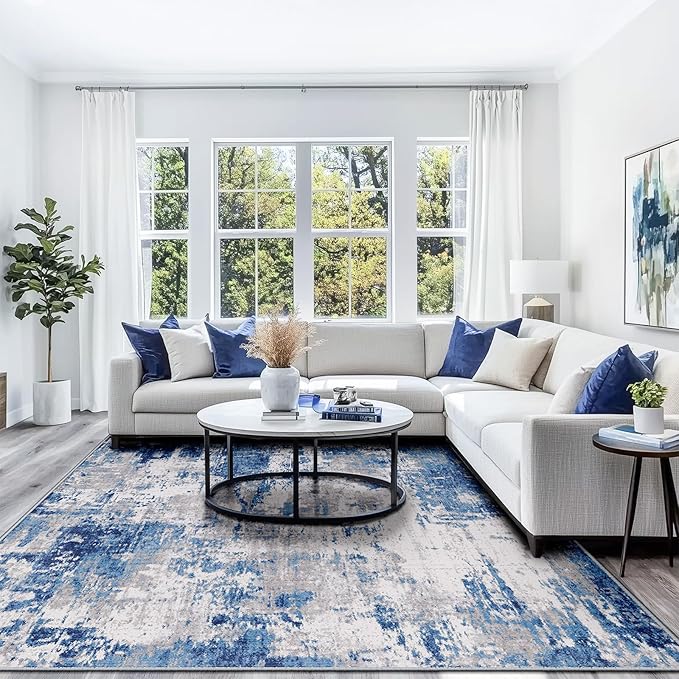 RELEANY Washable Area Rugs 10'x14' Non-Slip Modern Abstract Soft for Living Room Entryway Bedroom Nursery, Print Pattern, Blue Grey Navy Gray