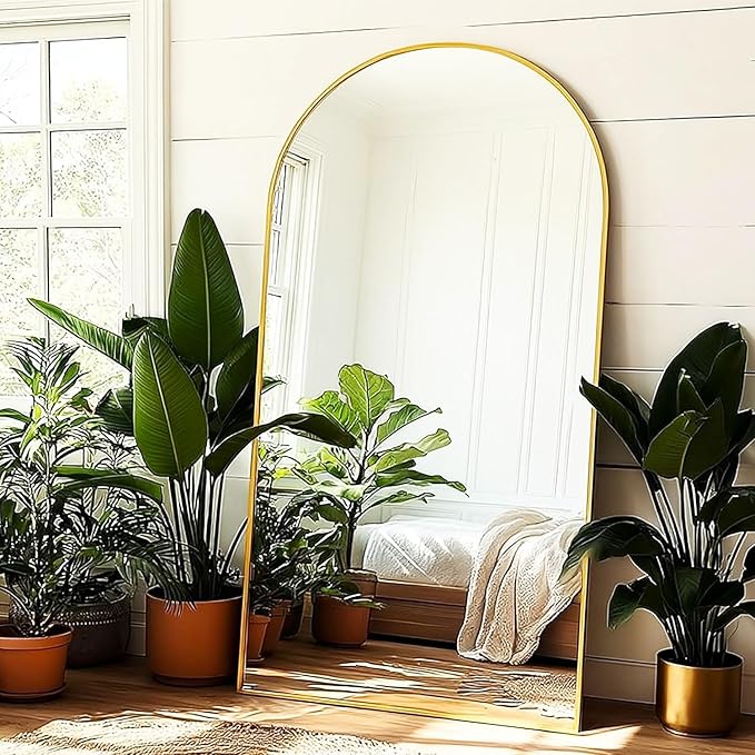 KOMCOTE Full Length Floor Mirror, 91x46 Inch Oversized Arched Standing Mirror in Gold for Bedroom, Living Room, Dressing Room - Elegant Freestanding Leaning Mirror Decor