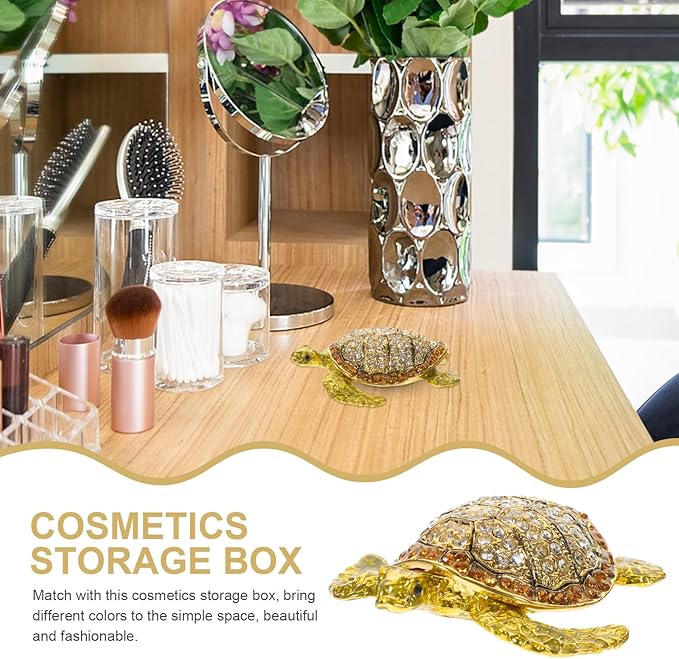 Ciieeo Turtle Jewelry Box with Hinged Lid, Tin Alloy Embellished Trinket Case, Lovely Desktop Jewelry Organizer and Cosmetics Holder for Home Decoration