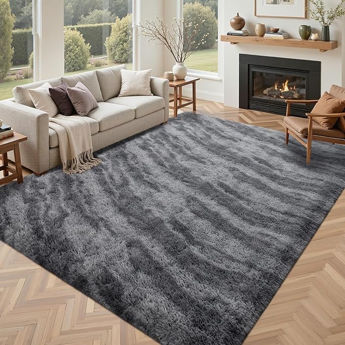 5x7 Ft Large Shag Rug for Living Room Bedroom,Tie-Dyed Ultra Soft Fluffy Furry Area Rug, Aesthetic Carpet for Indoor Floor Home Decor (Grey)
