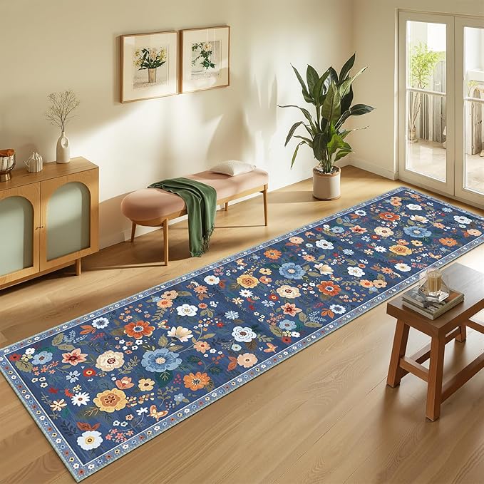 RELEANY Floral Nursery 2x10 Area Rugs Washable Print Boho Cute Carpet Non Slip Flower Low Pile for Living Room Kids Girls Playroom Bedroom Kitchen Office Farmhouse-Blue/Grey