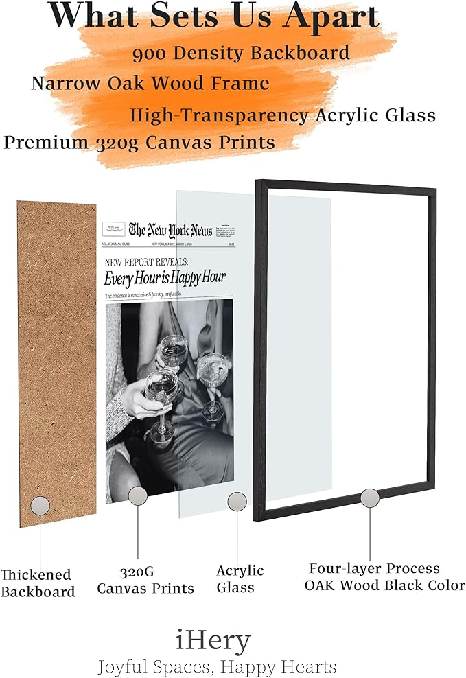 iHery Premium 12x16in Natural Black OAK Wood Trendy Every Hour is Happy Hour Framed Wall Art, Retro Aesthetic Posters Canvas Wall Decor For Girly Dorm Bedroom Bathroom Living Room 1Pack