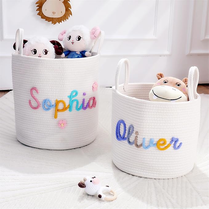 JUPPE Custom Baby Shower Basket, Personzlized Basket with Baby Name, Baby Boy Girl Storage Organizer Cotton Rope Nursery Decor Newborn Gift (XXL Basket)