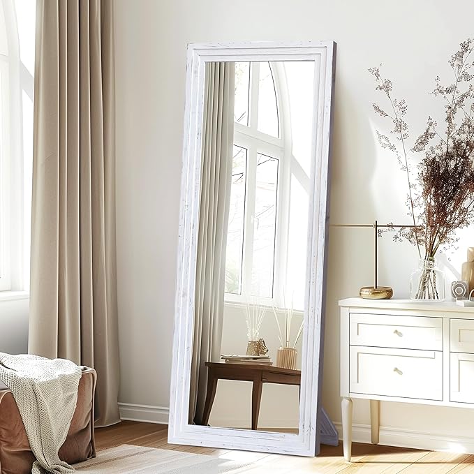 65"x22" Full Length Mirror Solid Wood Frame Floor Mirror with Stand for Living Room, Bedroom Hanging Standing or Leaning, White