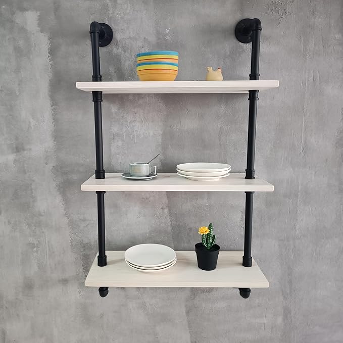 HDDFER White Floating Shelves 24 inch Pipe Wall Shelves Bathroom Shelves Over Toilet with Wood Planks Industrial Pipe Floating Shelves Farmhouse Bathroom Pipe Shelves Wall Mounted