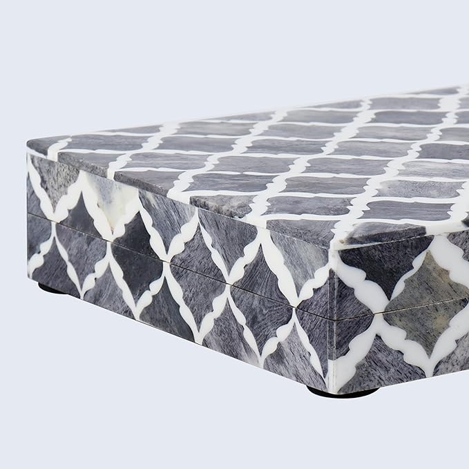 Handicrafts Home Decorative Storage Box with Lid, Moroccan Photo Storage Box Organizer, Flat Keepsake Document Box, Bone & Resin Inlay Wooden Desk Shelf Storage, Gray, 6x8x1.5, Moroccan Collection