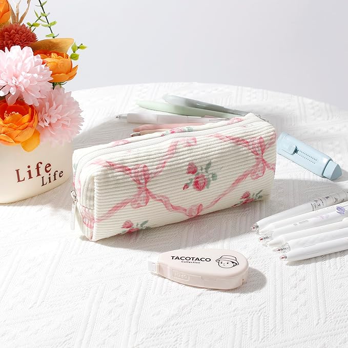 Pencil Case Lightweight Aesthetic Pen Case Office College School Storage Bag Pouch Holder Box Organizer Makeup Pouch Cosmetic Bag for Girls Boys Kids (Flowers-Bow)