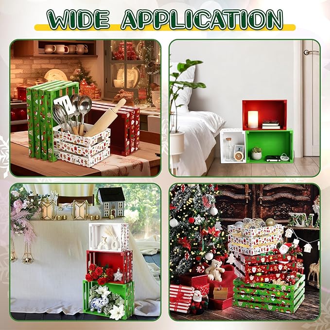 Novabright 3 Pcs Christmas Wood Crates 13'' 11'' 9'' Decorative Rustic Nesting Crate with Handle Farmhouse Wood Storage Basket Gift Boxes for Winter Display Candy Craft Pet Holiday Decor(Cute Style)