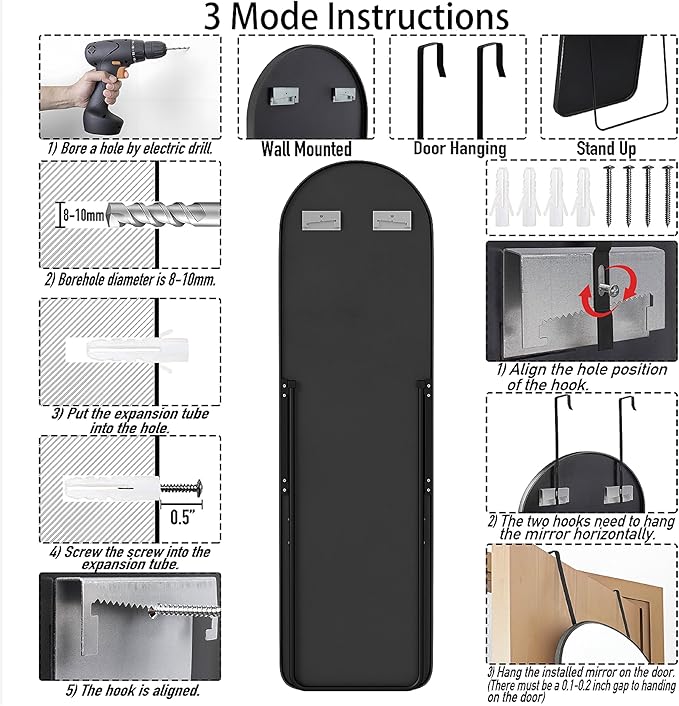 SCWF-GZ 57x16 Door Hanging Full Length Mirror, Floor Stand (Height 5.7ft just Body in1.3ft) / Wall Mounted Metal Frame Arch Dressing Mirrors for Bedroom Living Room 57 inch Black
