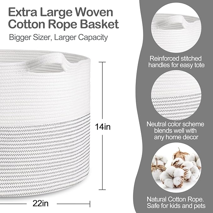 MEGASKET XXXL Large Cotton Rope Blanket Basket for Living Room, Woven Rope Storage Baskets for Organizing, Nursery Kids Toy Baskets Storage Bin Organizer, Baby Laundry Basket Hamper, Decor Basket, 88L