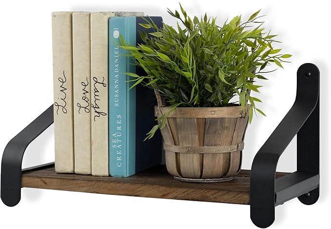 Rustic State Rustico 16" Floating Wall Bookshelf with Iron Brackets Wall Mounted Wooden Floating Industrial Shelf - Walnut